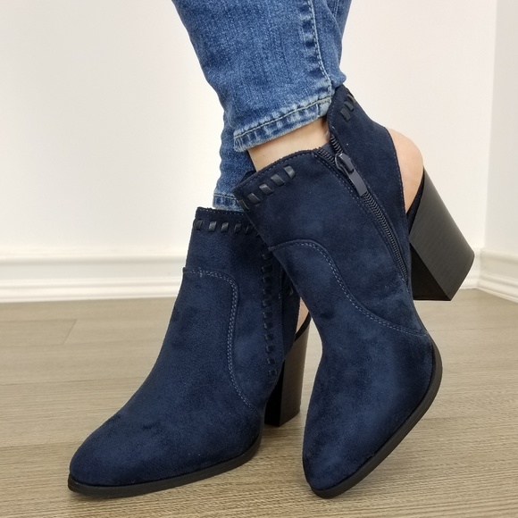 Shoes - Pointy Toe Navy  Suede Ankle Boots With Sling Back